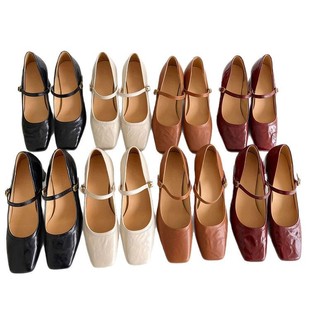 French Retro Square Toe Shallow Mouth One-word Buckle Leather High Heels Women's New Arrival Sheepskin Thick Heel Elegant Mary Jane Shoes