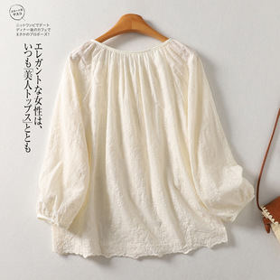 Real Shot in stock Spring Artistic Cotton Linen Embroidered Shirt Simple Lace-up Embroidered Top for Women