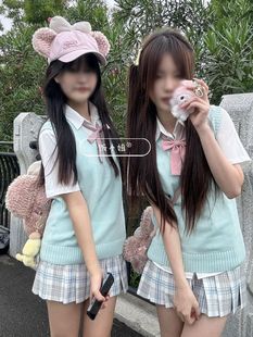 College Style Japanese JK Uniform Mint Green Sweet Desire Old Head Shirt White Fashion Sense Short Sleeve Top Two-Piece Suit