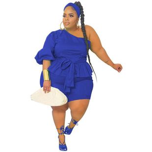 M8906 Cross-border European and American Large Size Women's Multi-color Fashion Sexy Shoulder Ruffled Lace-up Two-piece Set