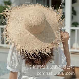 Factory wholesale fairy fresh raffia frayed lace strap summer seaside vacation sun protection big brim beach hat