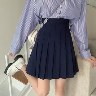 Pleated Skirt Suitable for Fat Women Autumn Large Size Blue High Waist Mid-Length Jk Skirt Preppy Style A-Line Skirt