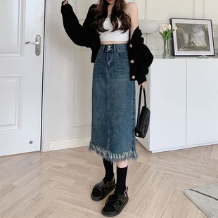 Tassel Rear Split Denim Skirt High Waist Women's 2025 Spring Western Style New Slim A- Line Hip Mid-Length Skirt