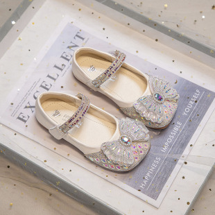 Girls' Shoes Kidsren's Princess Crystal Small Leather Shoes 2025 Spring & Fall New Spring Baby Soft Sole Shoes Shiny Rhinestones