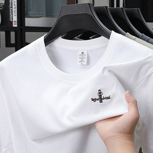 Father's New Summer Business Casual Simple Stretch Breathable Round Neck Top Men's Cotton Embroidered Short-Sleeved T-Shirt
