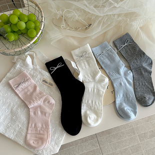 Ballet Style Socks Women's Summer Thin Mesh Breathable Mid-tube Socks Japanese Leather Bow Solid Color Pile Socks for Women