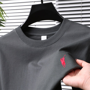 Summer Men's Pure Cotton Shoulder Short-sleeved T-shirt Men's Crewneck Base Shirt with Ten Thousand Needles Embroidered Simple Solid Color Short-sleeved Shirt