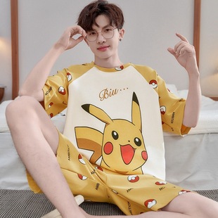 100% Cotton Summer Teenager Short-sleeved Pajamas Men's Pure Cotton Thin Cartoon High School Boys Home Clothes suit