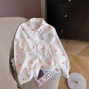 Korean Style Sweet College Style Bow Printed Shirt Women's Summer Thin Loose Casual Long-sleeved Sunscreen Coat