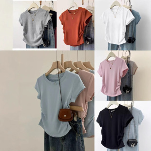 Threaded Shoulder Short-sleeved T-shirt Women's 2025 Summer New Design Slim-fit Pleated Slim-fit All-match Short Top nis