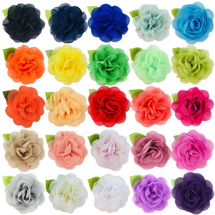New Korean Style Green Leaf Flowers 10cm Three-dimensional Rose Chiffon Head Flower Girls' Headwear Accessories 25 Colors