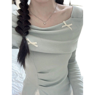 2025 Spring and Autumn Design Sense Bow Gray Blue Shoulder Long Sleeve Shirt Slim Sweater Unique Top for Women