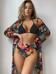 [European and American three-piece swimsuit women] split bikini printed drawstring high waist briefs long blouse swimsuit