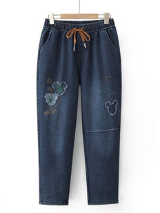 plus size Chubby Mother Women's Clothing Autumn and Winter New fleece-lined Thickened Jeans Slimming Loose Carrot Embroidered Dad Pants