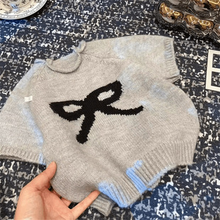 2024 Korean Style Spring and Autumn New suit Girl's Bow Sweater Knitted Sweater Girl's Vintage Pier Pants Three-Piece Set