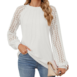 Amazon Europe and the United States cross-border foreign trade 2024 autumn and winter new lace stitching round neck long sleeve loose T-shirt top women