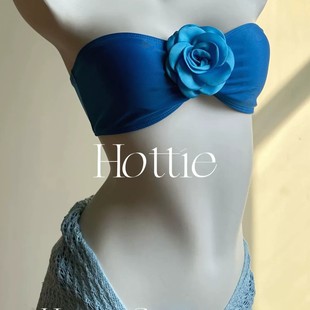 Thai Atmosphere Blue Knitted Blouse Flower Bikini Three-Piece Set Island Vacation Hot Spring Swimsuit for Summer