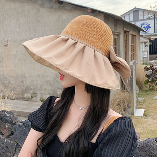 Oversized Brim Bow Storage Sunshade Hat Women's Summer Breathable Face-Covering Travel All-Match Sunscreen Straw Hat