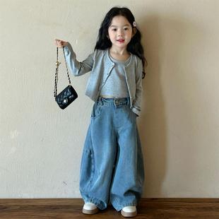 Girls' Spring suit New Style Children's Short Long-sleeved Cardigan Vest Jeans for Baby Girls Spring and Autumn