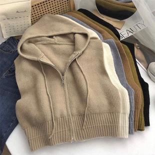 Spring and Autumn Korean-style Retro Casual Solid Color All-match Stacked Vest Zipper Drawstring Hooded Knitted Vest Cardigan Women's Clothing