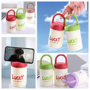 480ml double-layer lucky handle cup plastic glass cup interesting mobile phone holder cup gift advertising cup in stock supply
