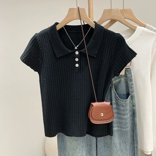 【 40-100kg 】Contrast Color Polo Collar Ice Silk Short Sleeve T-Shirt for Women, Summer Plus Size Stylish Versatile Regular Shoulder Top
