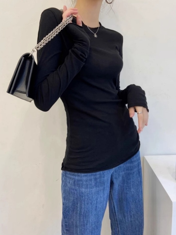 도파민 롤업 썬 스크린 티셔츠 여성용 봄과 여름 간단한 얇은 마이크로 투명 내부 긴팔 슬림베이스 탑 블라우스