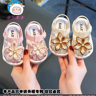 2024 New Baby Toddler Shoes Anti-collision Toe Baotou Flower Non-slip Princess Shoes Soft Sole Outer Wear Sandals for Baby Girls