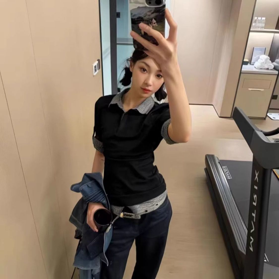 Korean-Style Preppy Lazy Plaid Patchwork Polo Collar Color-Block Short-Sleeve T-Shirt for Women, Summer Slimming Top for Women