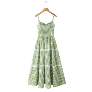 Autumn 2024 wish Amazon eBay Lace Stitching Sweet Lace Tape Waist Back Plaid dress