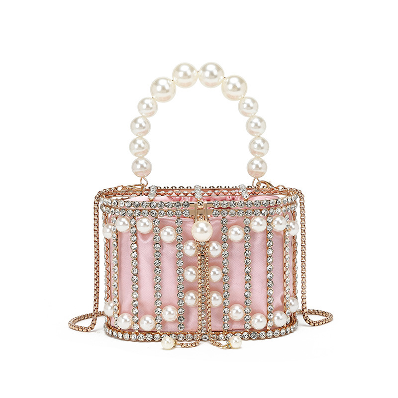 Guangzhou factory direct sales of rhinestone and pearl-encrusted evening bags for women, 2026 new style, fashionable and elegant, single-shoulder crossbody birdcage bag.