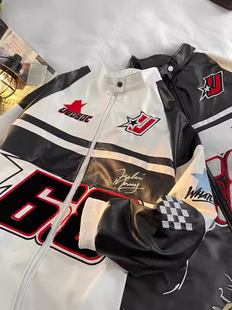 American PU Leather Jacket Street Hip Hop Multi-Element Men and Women Heavy Letter Embroidered Couple Loose Baseball Suit Jacket