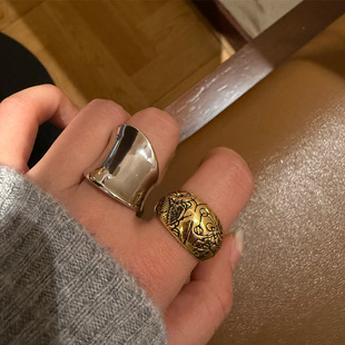 Brass real gold plating wide face smear design vintage ring bronze natural stone niche European and American personality ring
