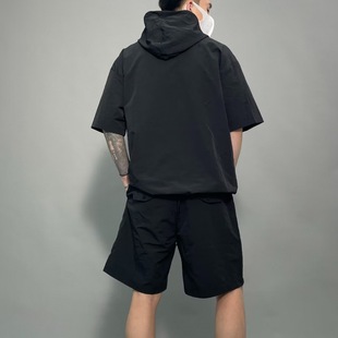 Summer Thin Hooded Short-sleeved Men's Trendy Brand Loose Hong Kong Style T-shirt High Street Plumpian Handsome Solid Color Half-sleeved suit Clothes