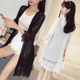 2020 spring and summer mid-length see-through lace shirt cardigan bell sleeve stitching loose thin coat shawl sun protection clothing for women
