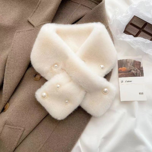Warm Thick Plush Cross Multi-Bead Scarf for Women, Winter Faux Rabbit Fur Collar and Neck Warmer, Pearl Style Wholesale