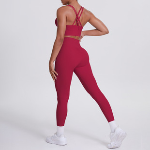 in stock European and American Naked Solid Color Sports Pants Sexy Cross Shoulder Strap Beautiful Back Running Fitness Pants Yoga Clothes suit