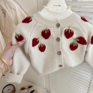 Girls' 2024 New Arrival Handmade Embroidered Strawberry Sweater Cardigan Baby Girl Vintage Three-dimensional Spring and Autumn Jacket