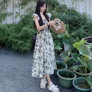 French style dress women's summer 2024 New floral flying sleeve skirt summer waist slimming temperament midi dress