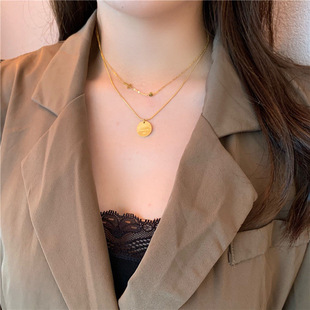 2022 New Double Layer Stacked Titanium Steel Necklace Women's Round Brand Engraving Design Niche Light Luxury High-end Light Luxury All-match Trendy