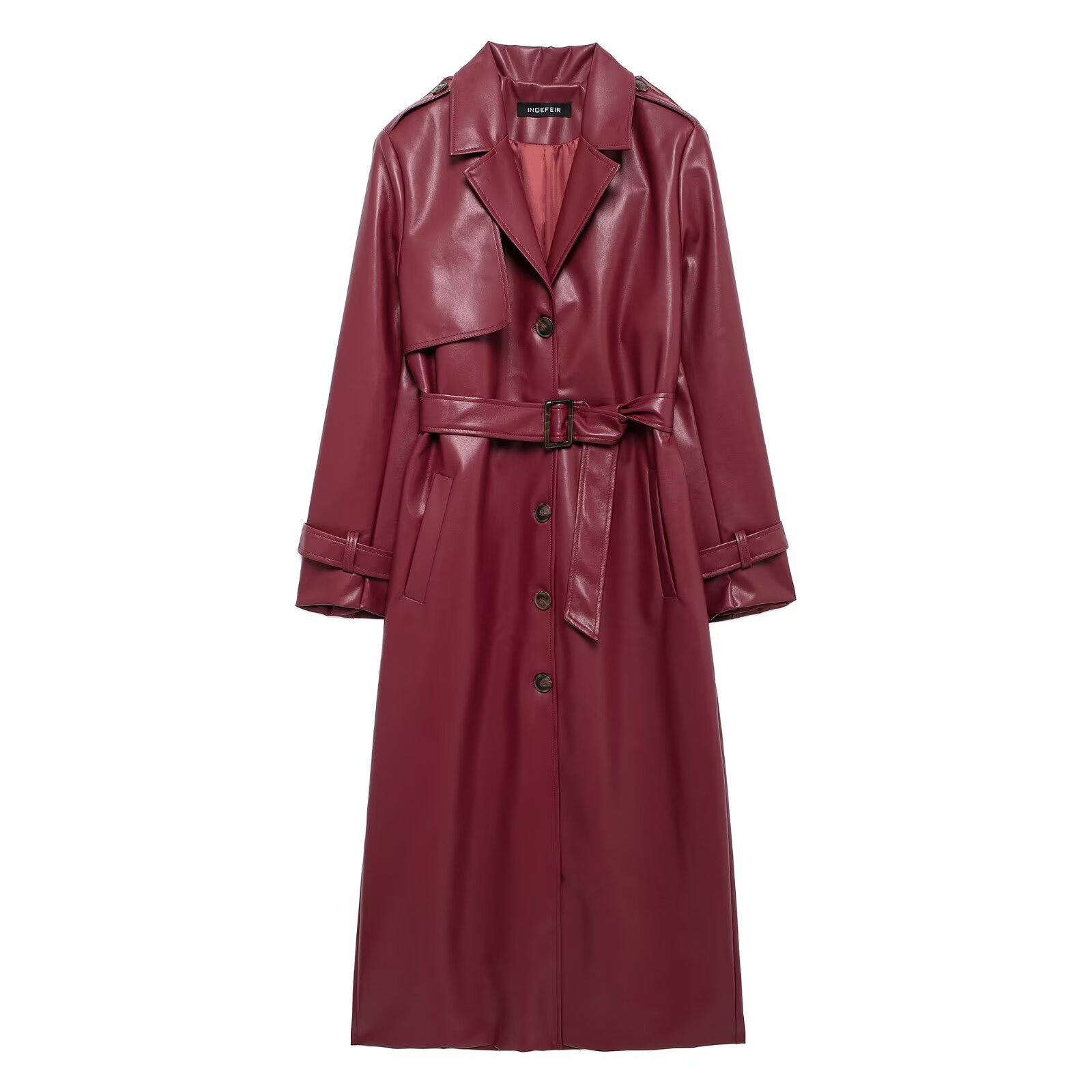 Za Aliexpress Cross-Border European and American Style Women's Clothing Autumn and Winter New Style Long Faux Leather Trench Coat with Lapel and Belt
