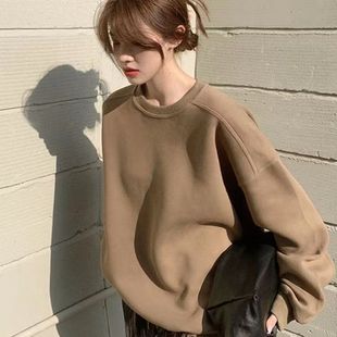 Crewneck Sweat Women's Autumn and Winter High-end Niche Loose Slimming plus size Solid Color Korean Style Lazy Style fleece-lined Sweat
