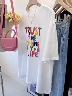 Women's cotton short-sleeved T-shirt summer new letter print loose plus size popular half-sleeved top clothes