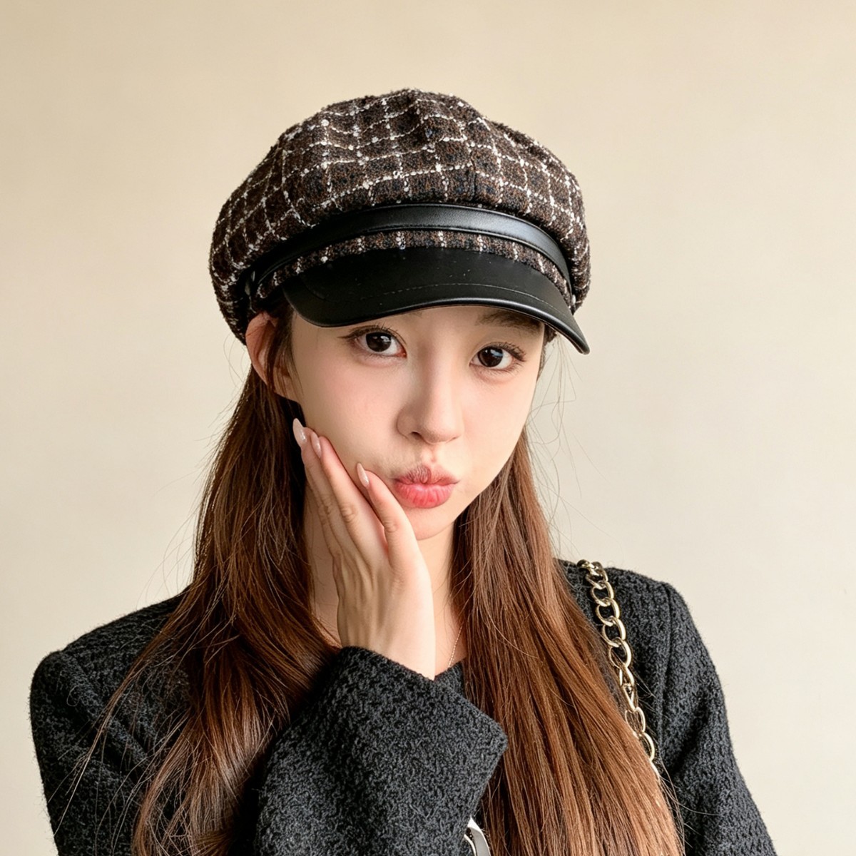 2026 New Large Head Circumference Women's Autumn and Winter Leather Brim Beret Versatile Face-Slimming Newsboy Hat Trendy