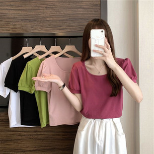 Puff Sleeve Short-sleeved T-shirt Women's Summer 2023 New French Style College-style Design Sense Slim-fit Slimming Student Top Trendy