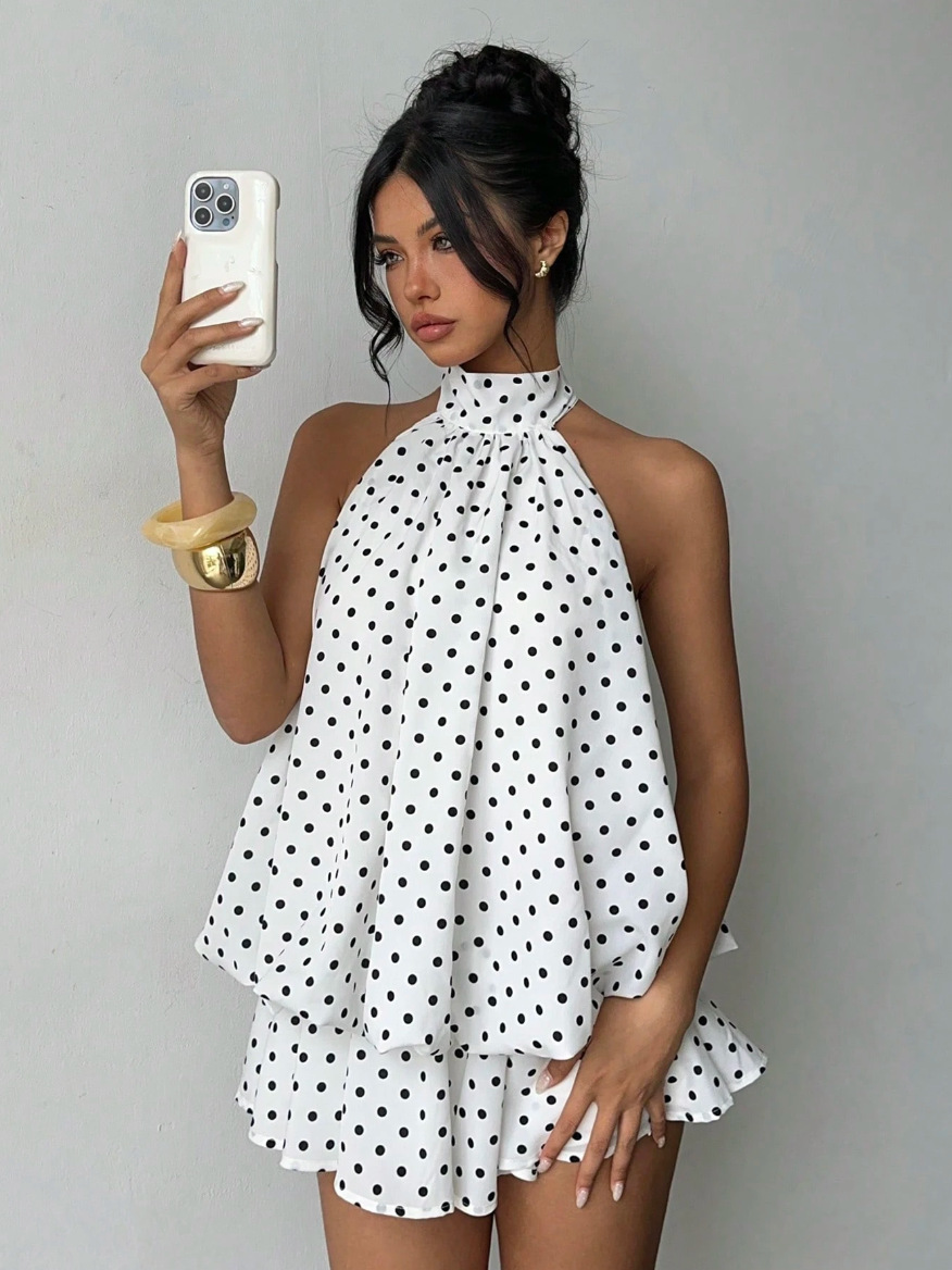 2026 Cross-Border European and American Sexy Puffy Dress with Halter Neck, Backless, Tie-Up Design, Elegant Style, Short Dress for Women