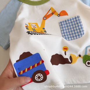 Japanese Boy's Excavator Short-sleeved T-shirt 2025 Summer New Arrival Men's Cute Cartoon Color Contrast Casual Top