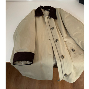Corduroy Lapel Cotton-padded Coat Early Spring Loose Contrast Velvet Collar Pocket Long khaki Coat for Hair