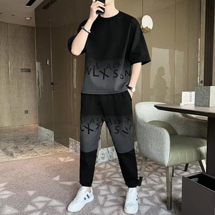 Спортивный костюм для отдыха мужской летний бренд Tide Ice Silk быстросохнущая футболка с коротким рукавом из двух частей брюки Летняя одежда поколение волос