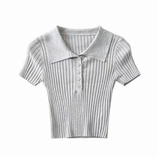 2024 Summer Internet Popular Retro Lar Short-sleeved Knitted Shirt Women's Slim-fit Slimming Short Navel-exposed White Top